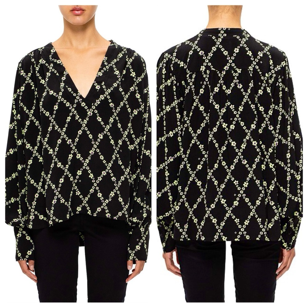 NWT GANNI Printed Floral Crepe V-Neck Balloon Sleeve Blouse Relaxed Fit